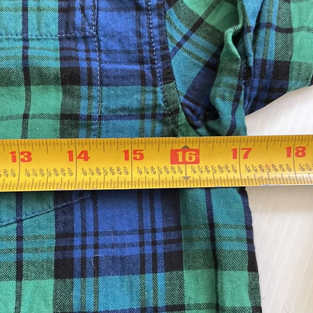 Gymboree long sleeve blue, black & green plaid button down shirt.  Boys size L